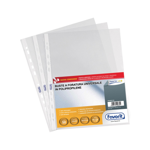 FAVORIT SUPERIOR BUSTE CON FORATURA UNIVERSALE IN PP CM 24X30.5 BUCCIA D'ARANCIA TRASPARENTE CONF 50 Pz.